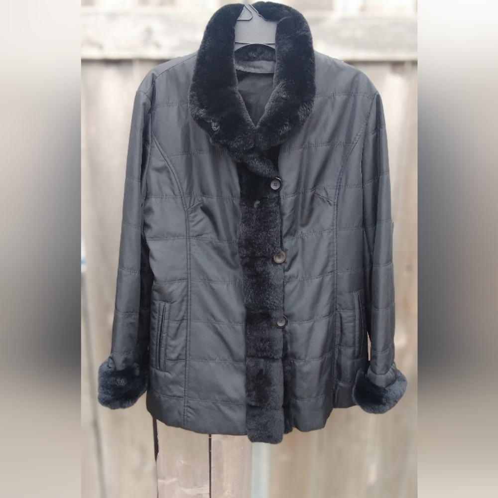 Chosen Couture Coat Fur Black Womens 14 Jacket Buttons Real Trim Collar Cuffs - Picture 2 of 7